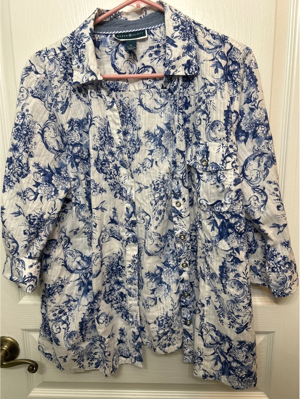 Karen Scott XL Cotton Button-Up Shirt with Blue Floral Print